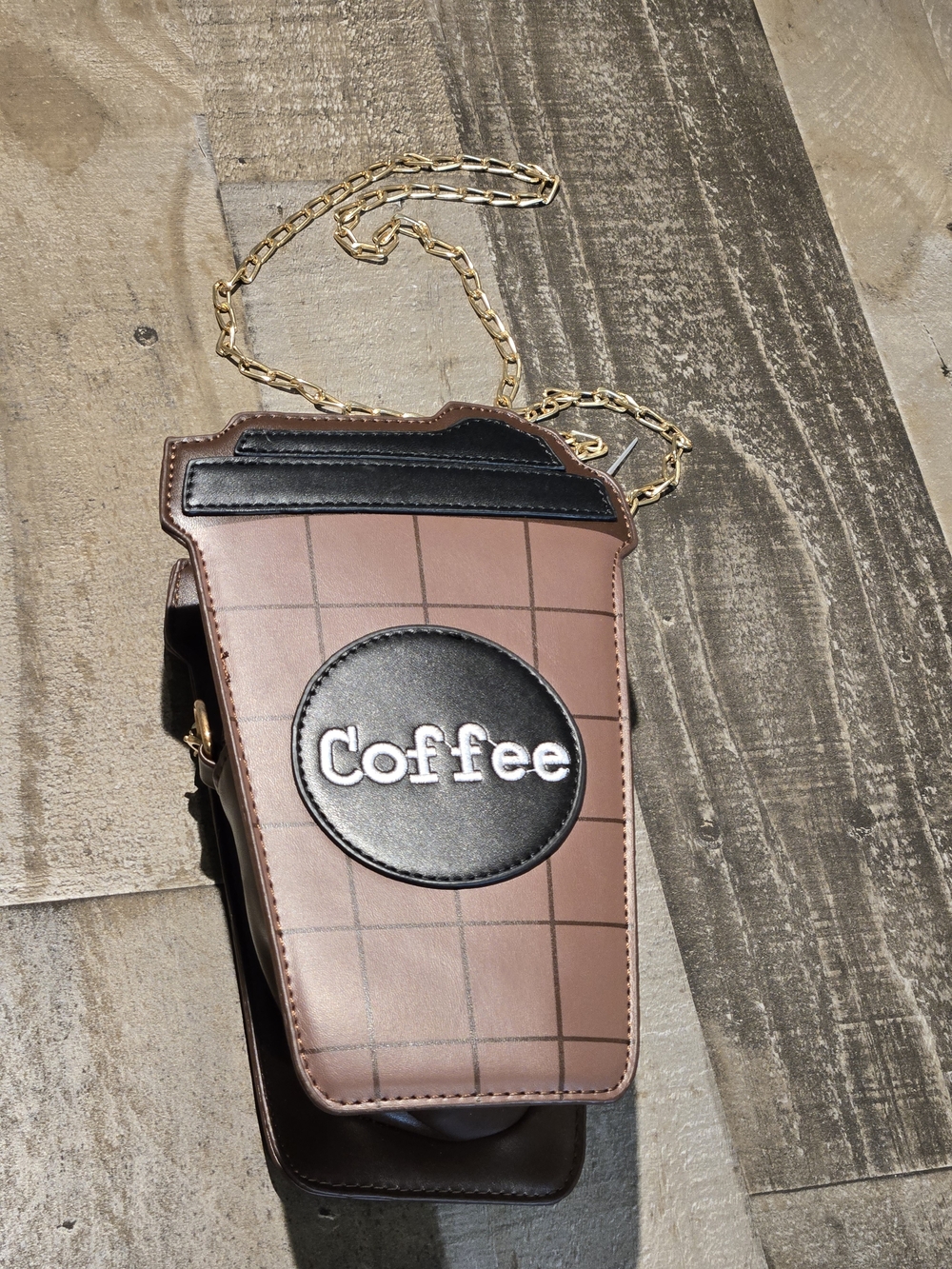 Coffee Cup Crossbody Bag in Brown with Gold Chain